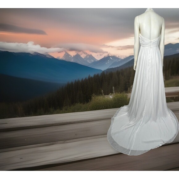 White Wedding Dress Sleeveless Halter Gown Embellished Bead Train V Neck Small 6 - Picture 1 of 6